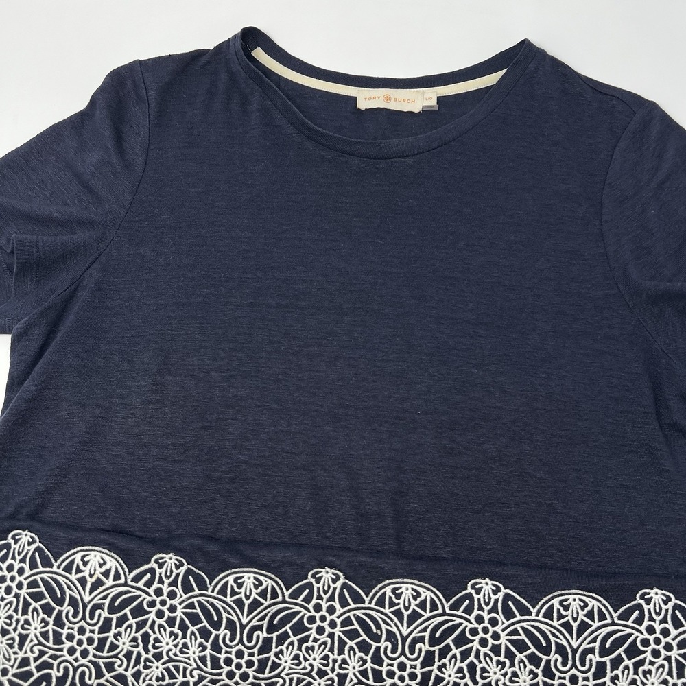 Tory Burch 100% Linen Women's Large Eyelet Trim Blouse Navy Blue‎ Short Sleeve